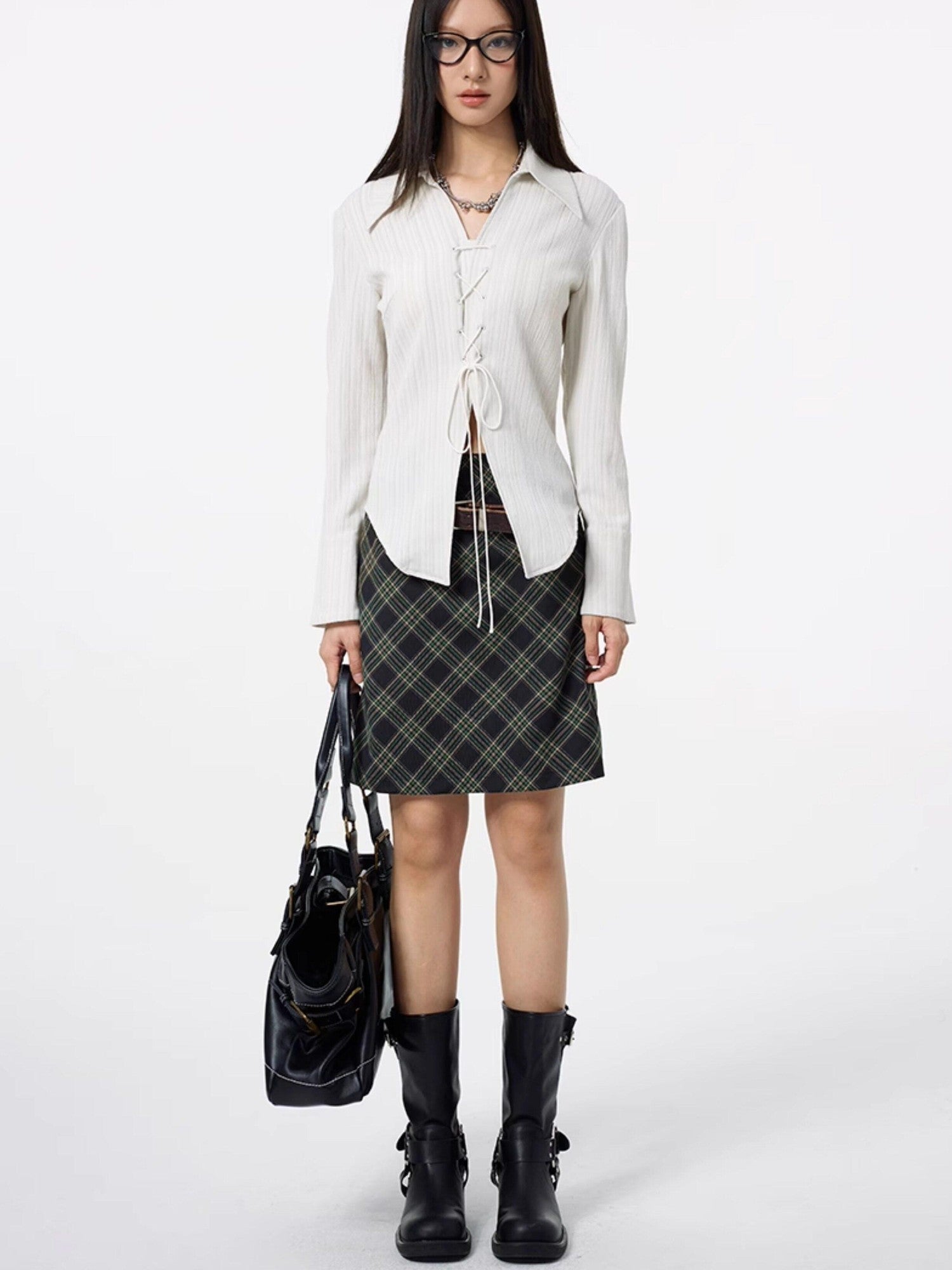 DKZ OFFICIAL Lace Trim Plaid Mid Waist Button A Line Women&