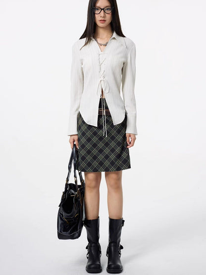 DKZ OFFICIAL Lace Trim Plaid Mid Waist Button A Line Women&
