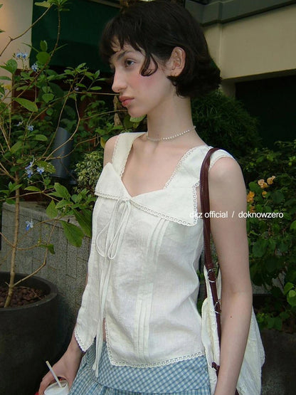 DKZ OFFICIAL Lace Trimmed Peach Linen Blend Tank Top