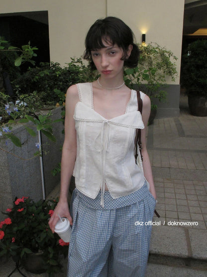 DKZ OFFICIAL Lace Trimmed Peach Linen Blend Tank Top