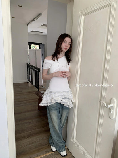 DKZ OFFICIAL Lace Trimmed White Asymmetric Hem Summer Dress