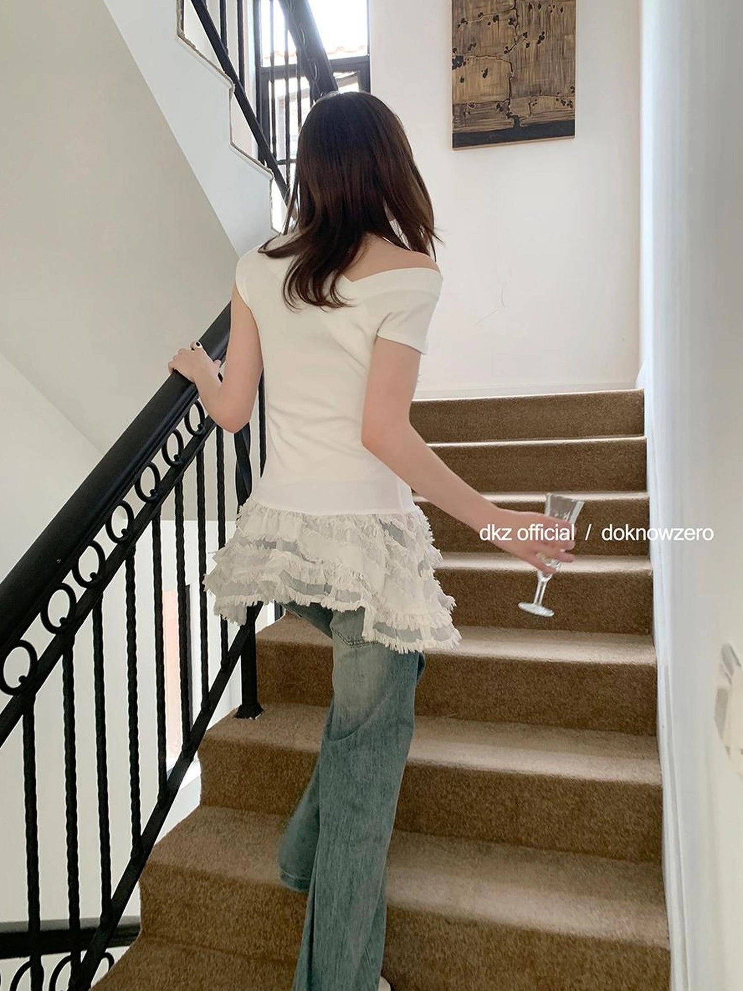 DKZ OFFICIAL Lace Trimmed White Asymmetric Hem Summer Dress