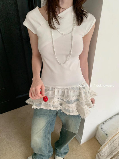 DKZ OFFICIAL Lace Trimmed White Asymmetric Hem Summer Dress