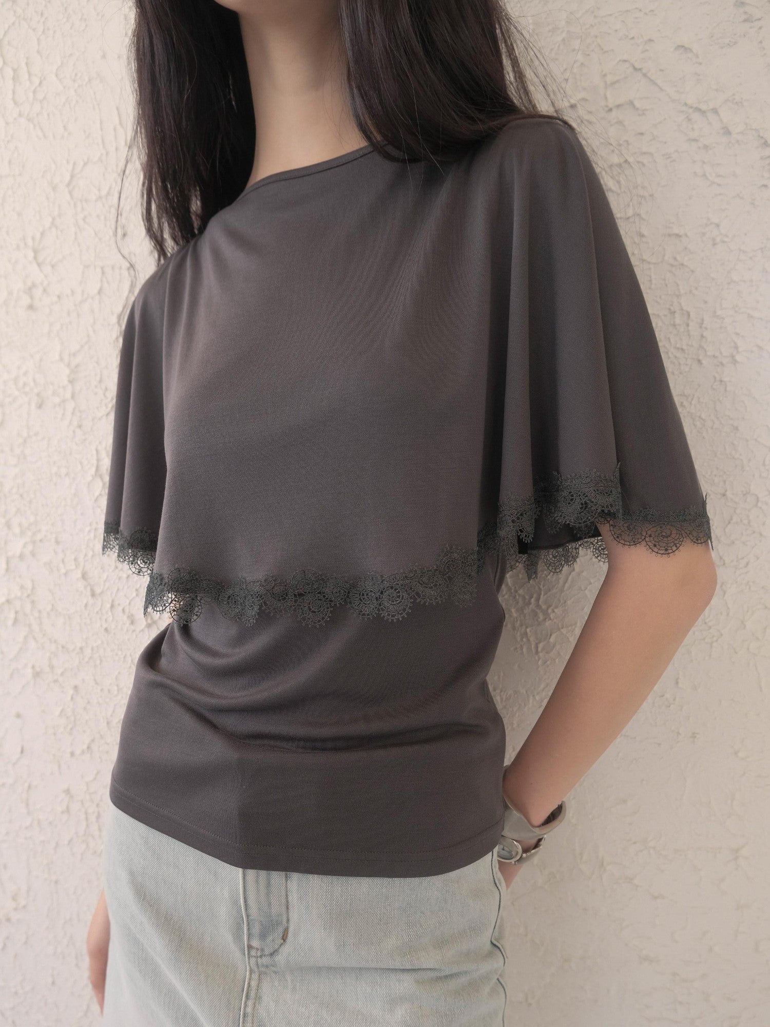 DKZ OFFICIAL Layered Cape Lace Trim Back Tie Women&