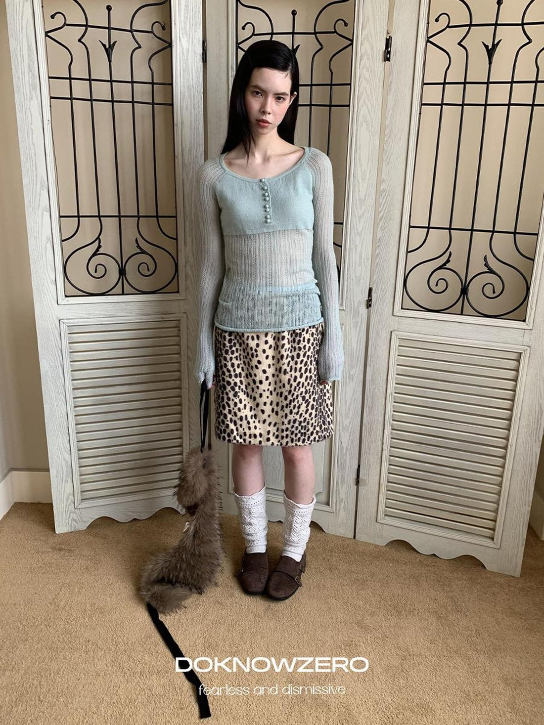 DKZ OFFICIAL Leopard Print Faux Fur Contrast Trim A Line Women&