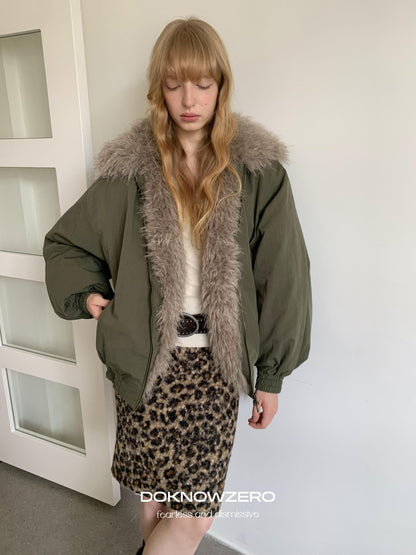 DKZ OFFICIAL Leopard Print Fuzzy Retro Straight Mid Waist Women&