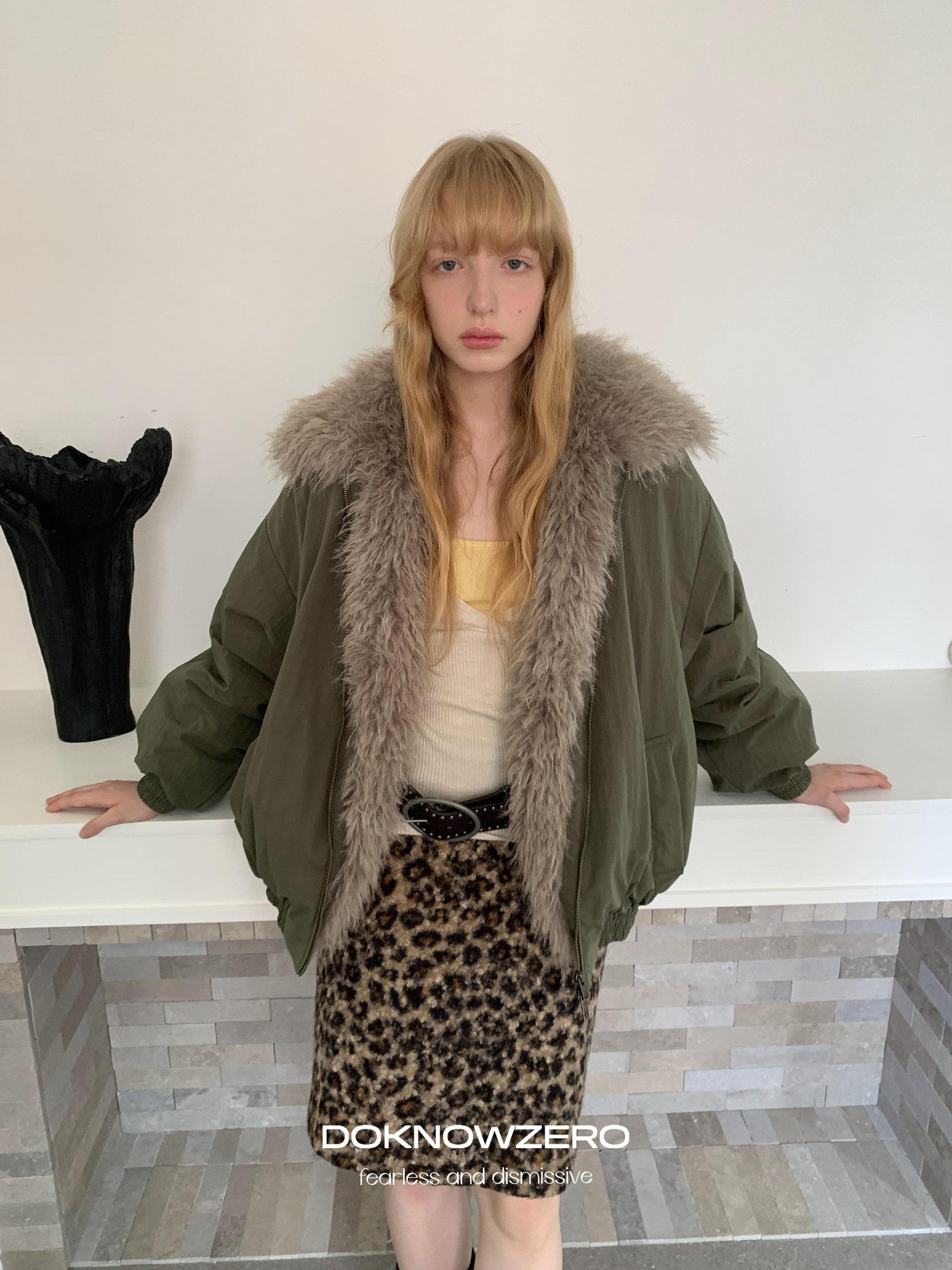 DKZ OFFICIAL Leopard Print Fuzzy Retro Straight Mid Waist Women&