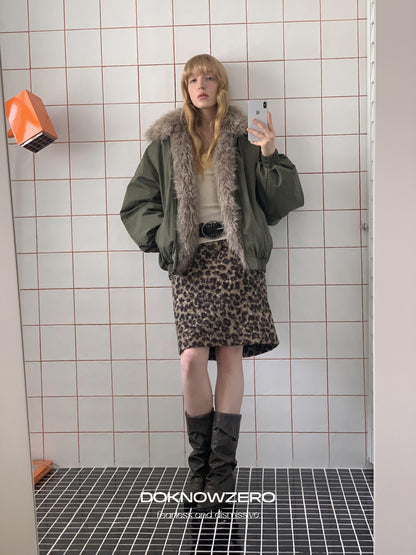 DKZ OFFICIAL Leopard Print Fuzzy Retro Straight Mid Waist Women&