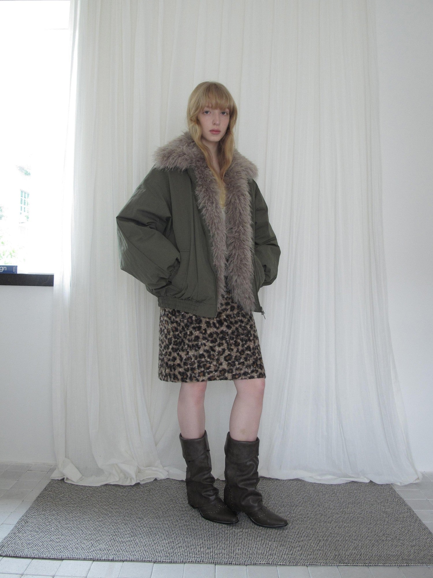 DKZ OFFICIAL Leopard Print Fuzzy Retro Straight Mid Waist Women&