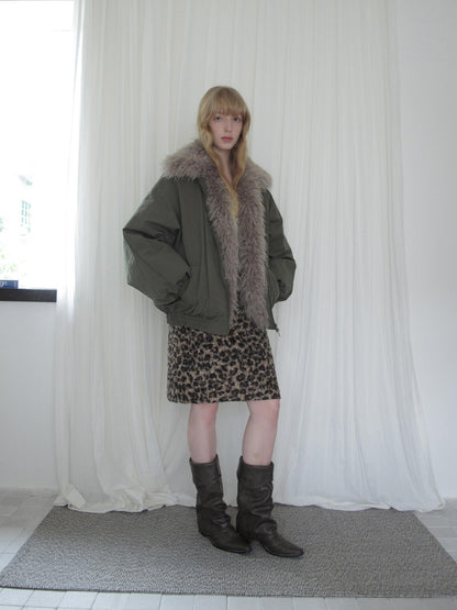 DKZ OFFICIAL Leopard Print Fuzzy Retro Straight Mid Waist Women&