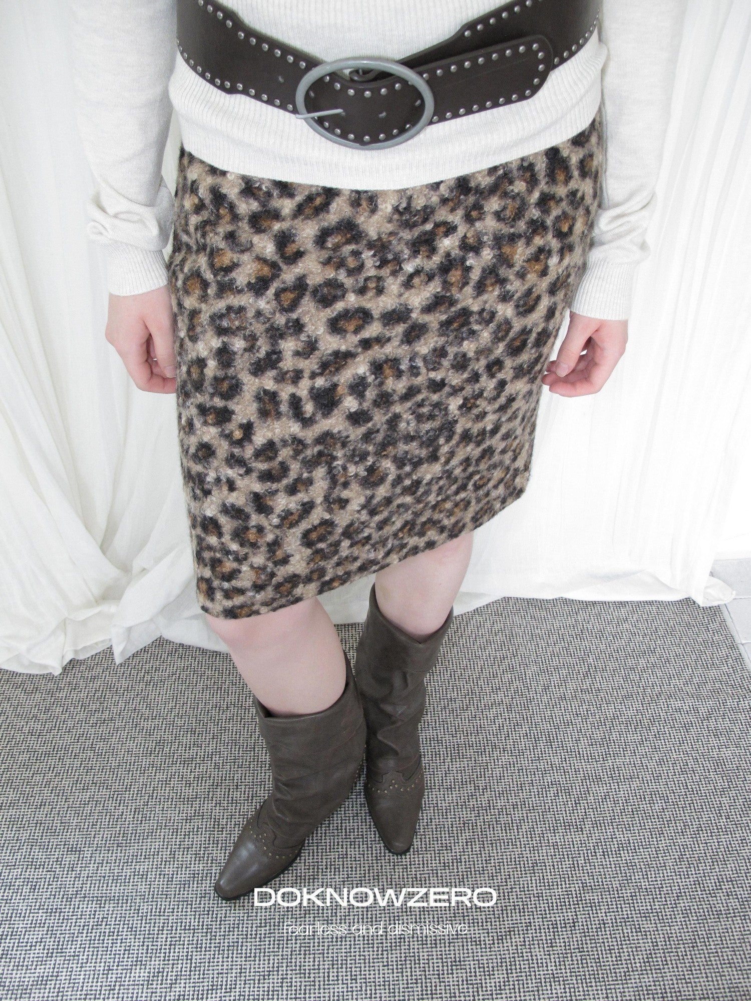 DKZ OFFICIAL Leopard Print Fuzzy Retro Straight Mid Waist Women&
