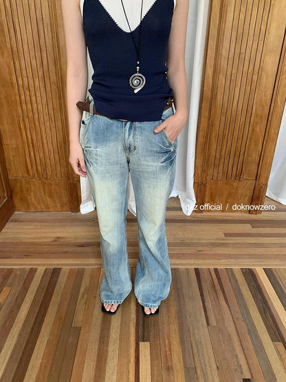 Light Blue Flared Jeans With Lightning Wash
