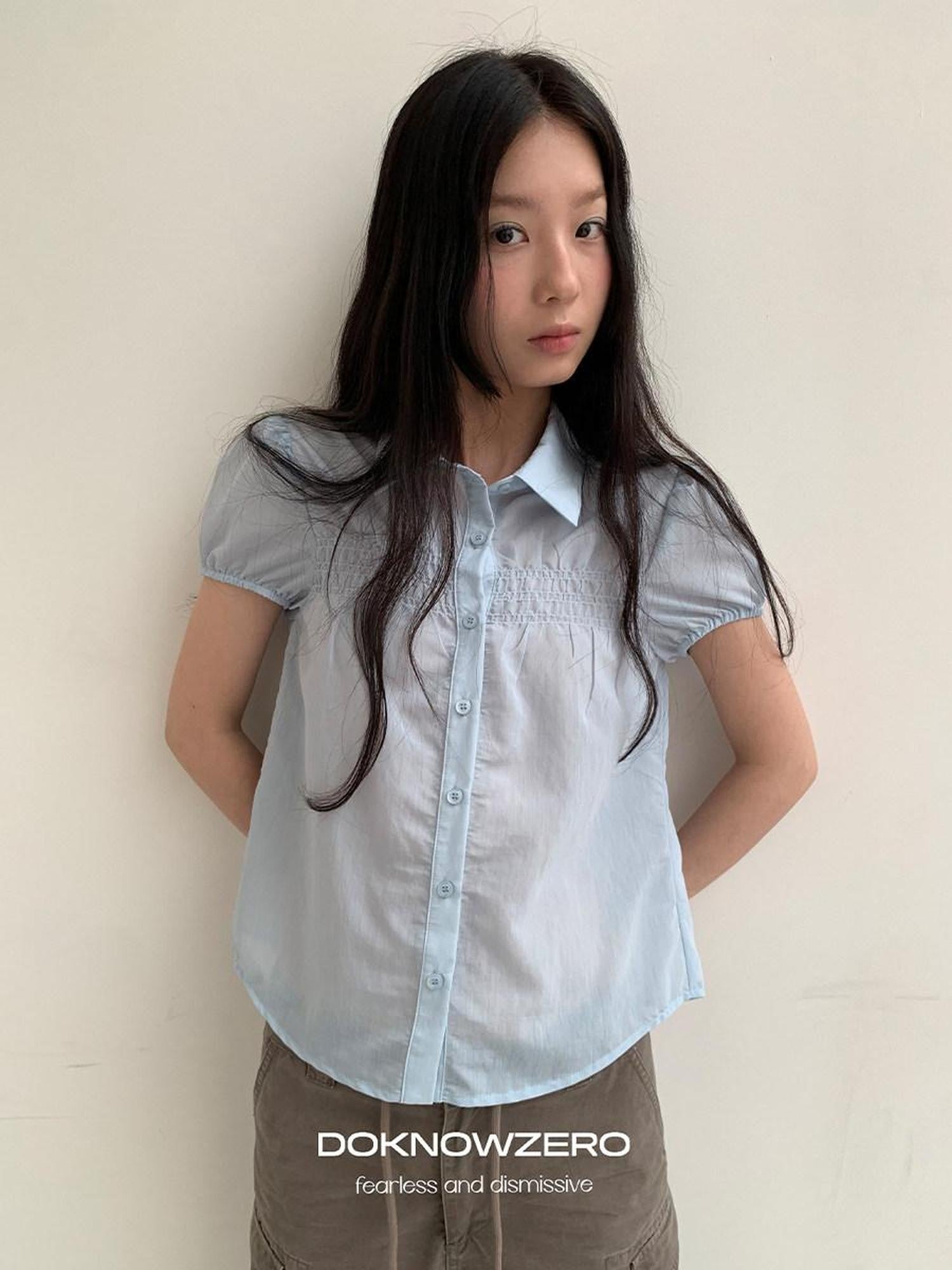 DKZ OFFICIAL Light Blue Puff Sleeve Pleated Sheer Women&