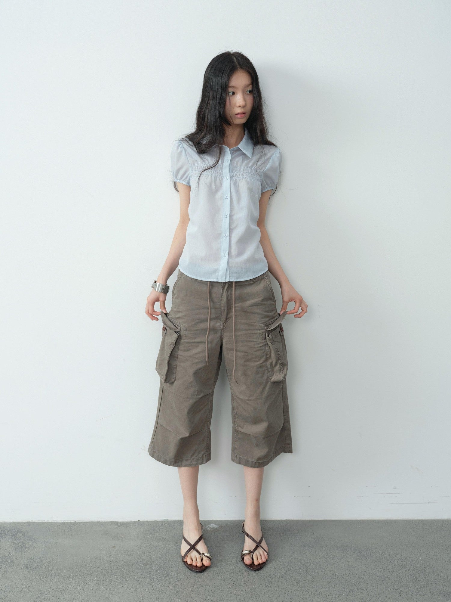 DKZ OFFICIAL Light Blue Puff Sleeve Pleated Sheer Women&