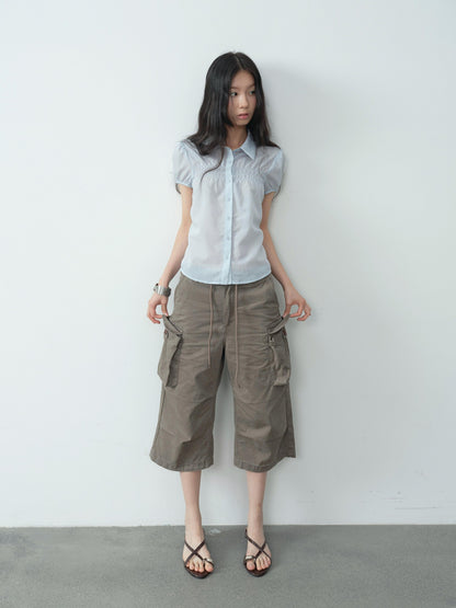 DKZ OFFICIAL Light Blue Puff Sleeve Pleated Sheer Women&