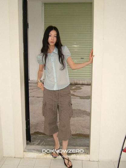 DKZ OFFICIAL Light Blue Puff Sleeve Pleated Sheer Women&