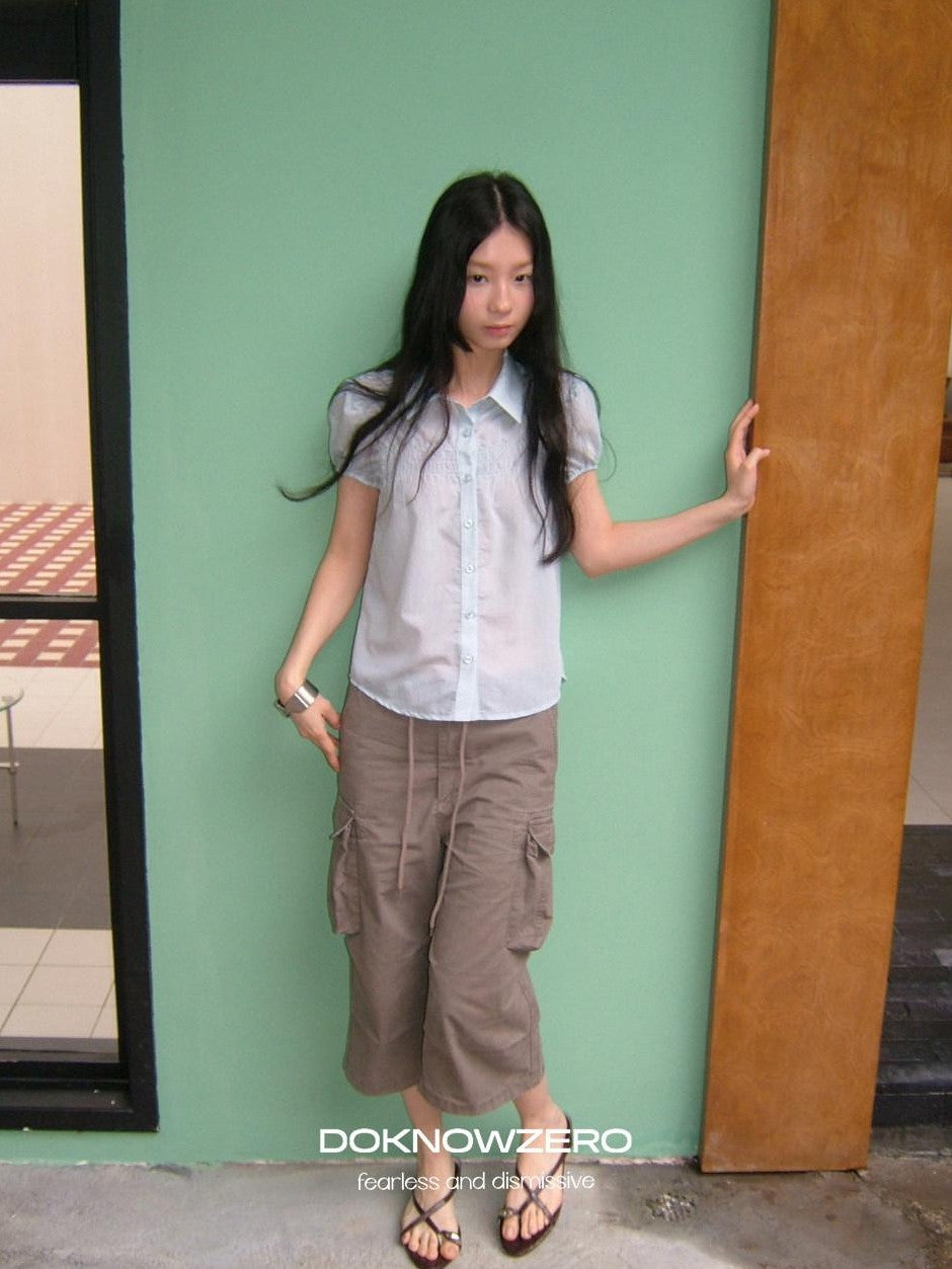 DKZ OFFICIAL Light Blue Puff Sleeve Pleated Sheer Women&