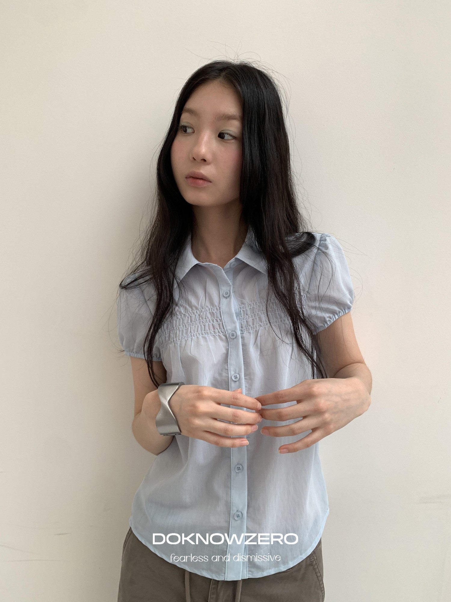 DKZ OFFICIAL Light Blue Puff Sleeve Pleated Sheer Women&
