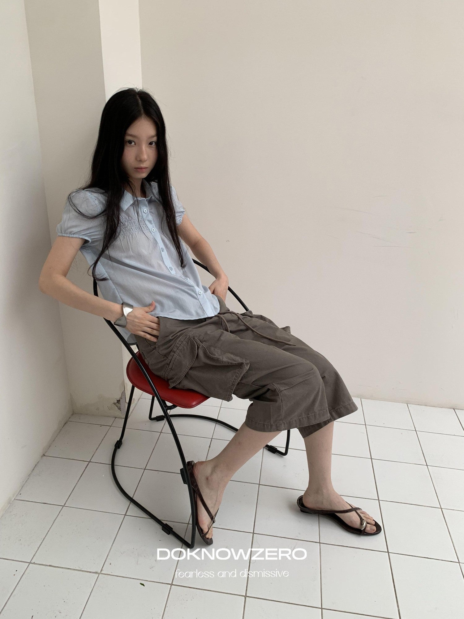 DKZ OFFICIAL Light Blue Puff Sleeve Pleated Sheer Women&