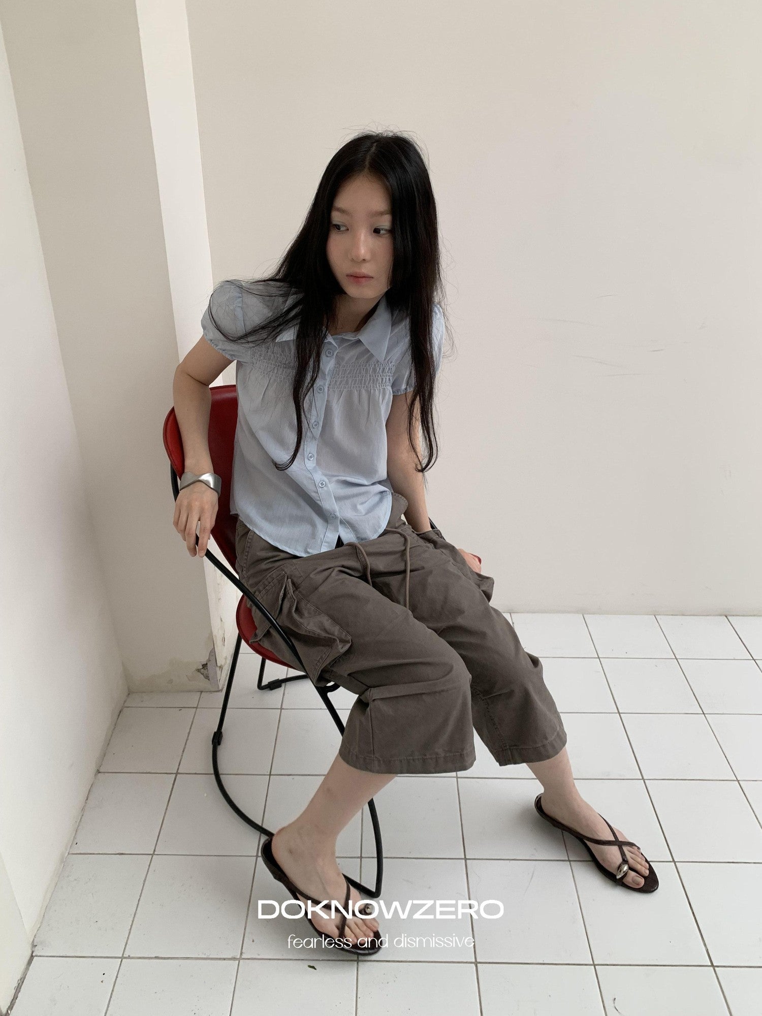 DKZ OFFICIAL Light Blue Puff Sleeve Pleated Sheer Women&