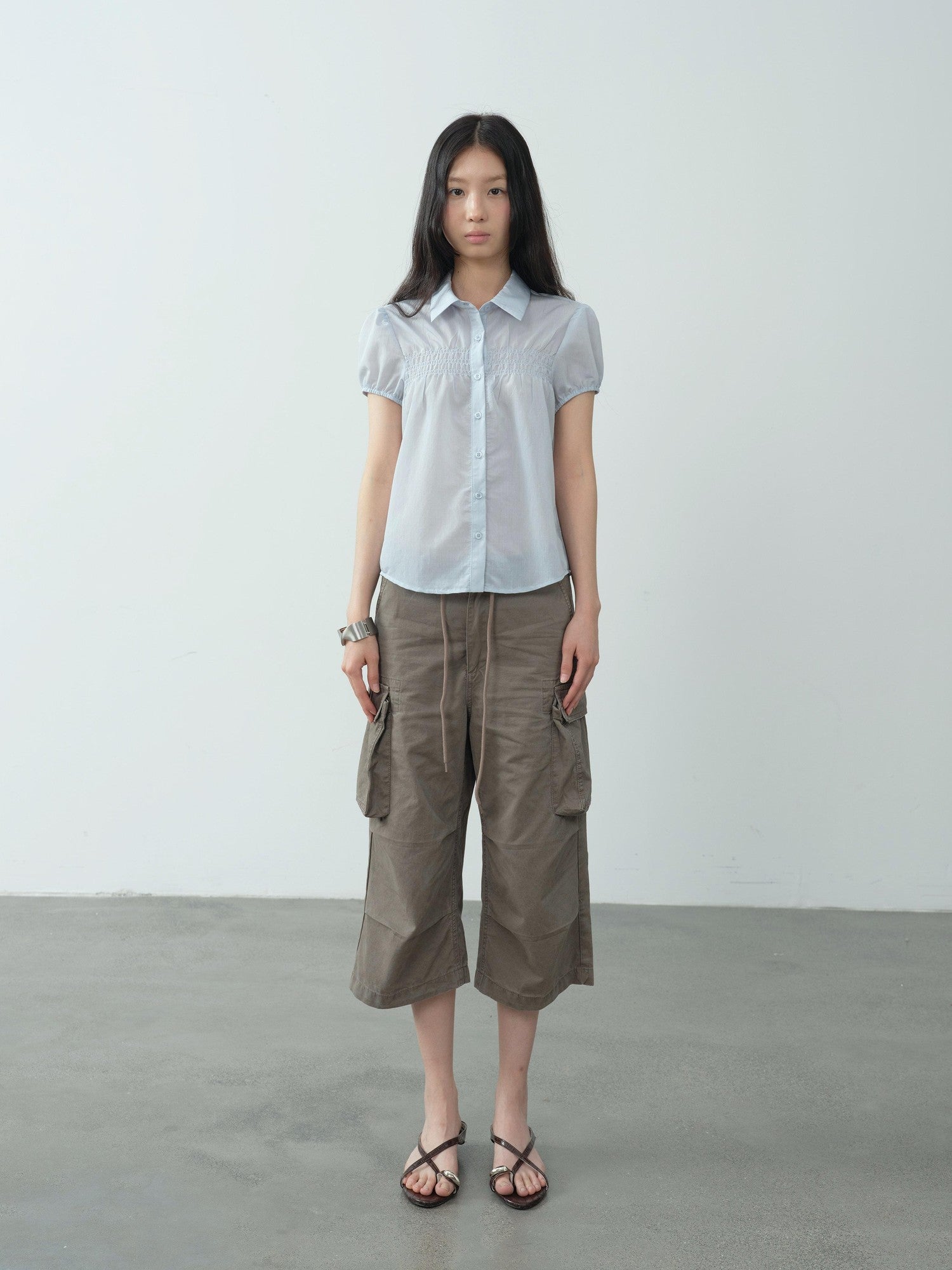 DKZ OFFICIAL Light Blue Puff Sleeve Pleated Sheer Women&