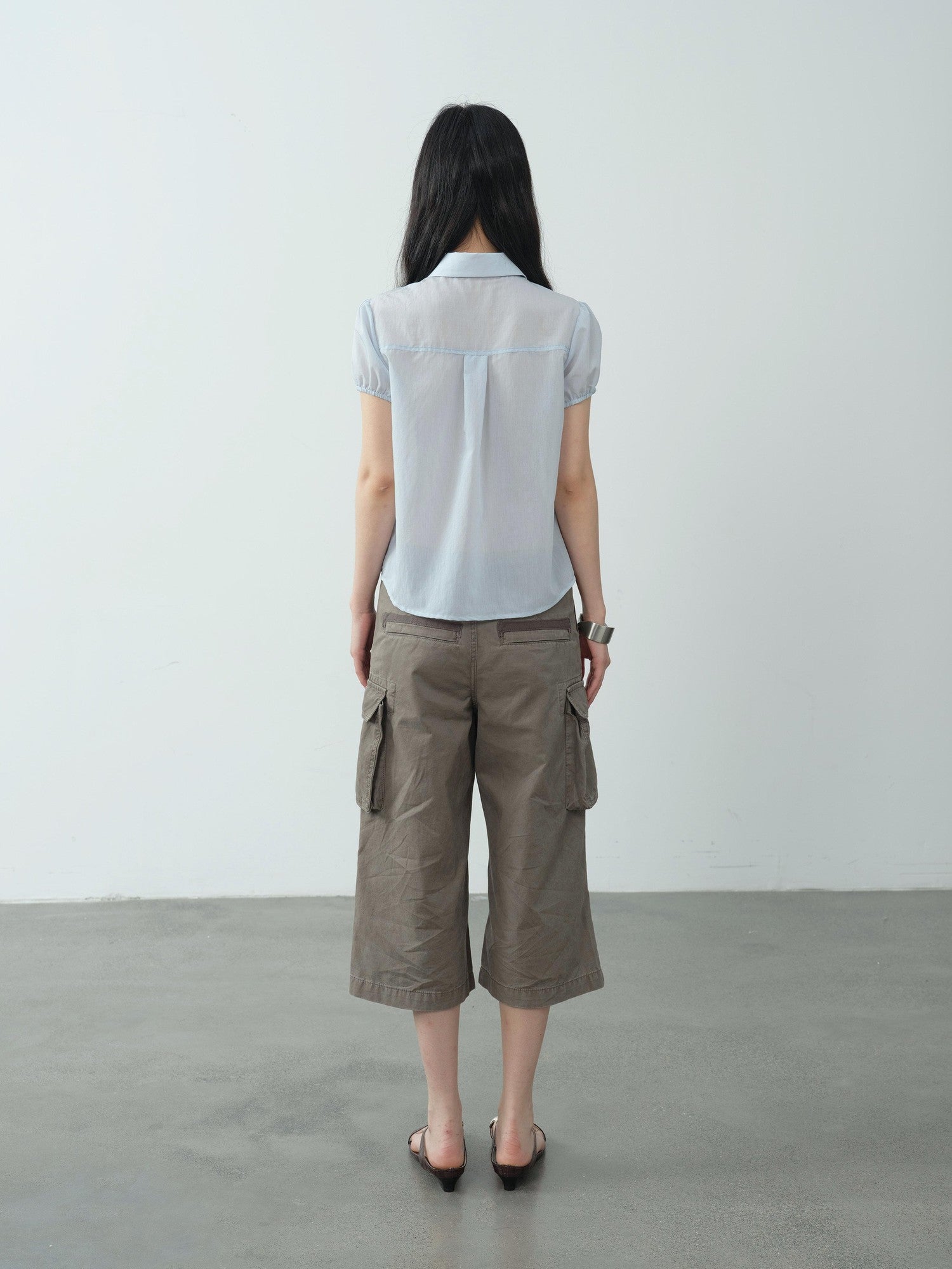 DKZ OFFICIAL Light Blue Puff Sleeve Pleated Sheer Women&