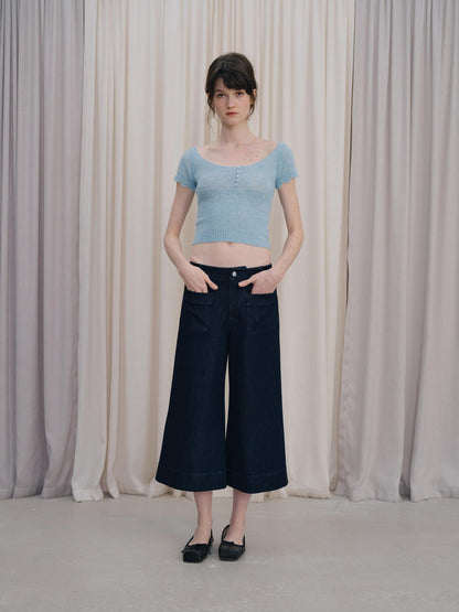 DKZ OFFICIAL Light Blue U Neck Knit Slim Fit Cropped Women&