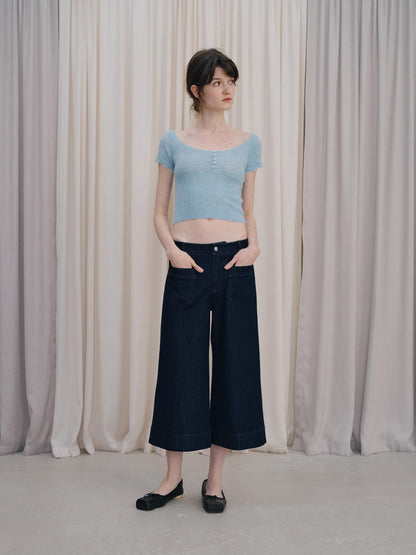 DKZ OFFICIAL Light Blue U Neck Knit Slim Fit Cropped Women&