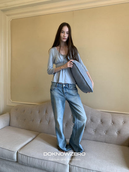 DKZ OFFICIAL Light Blue Washed Micro Flare Button Fly Women&