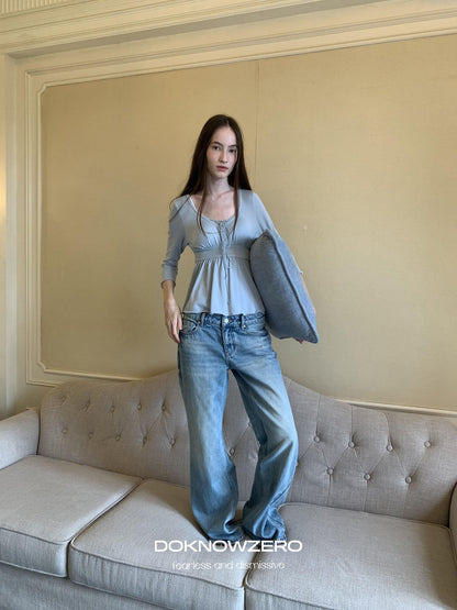 DKZ OFFICIAL Light Blue Washed Micro Flare Button Fly Women&
