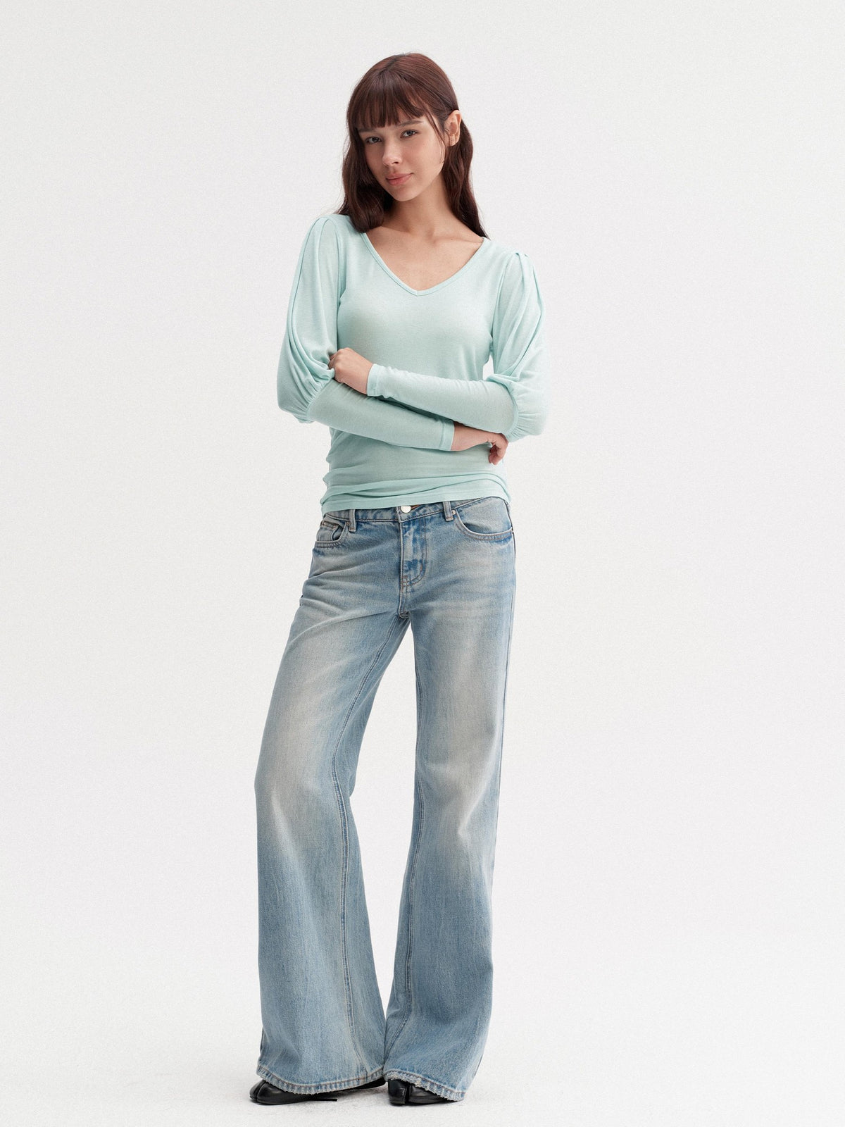 DKZ OFFICIAL Light Blue Washed Micro Flare Button Fly Women&