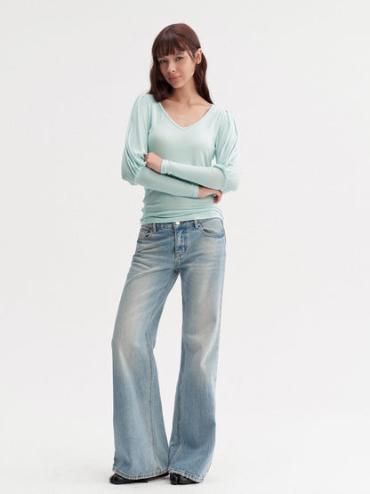 DKZ OFFICIAL Light Blue Washed Micro Flare Button Fly Women&