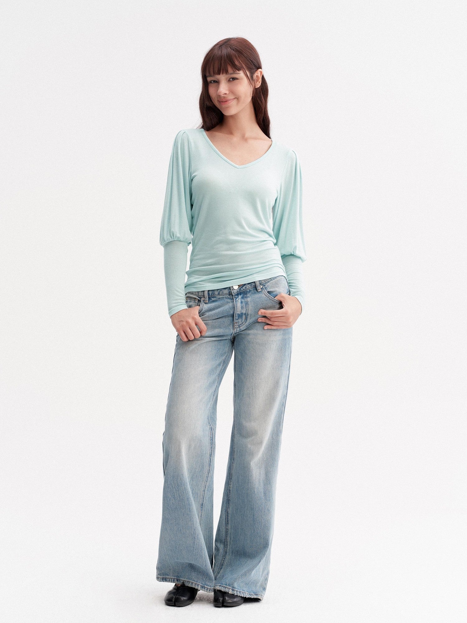 DKZ OFFICIAL Light Blue Washed Micro Flare Button Fly Women&