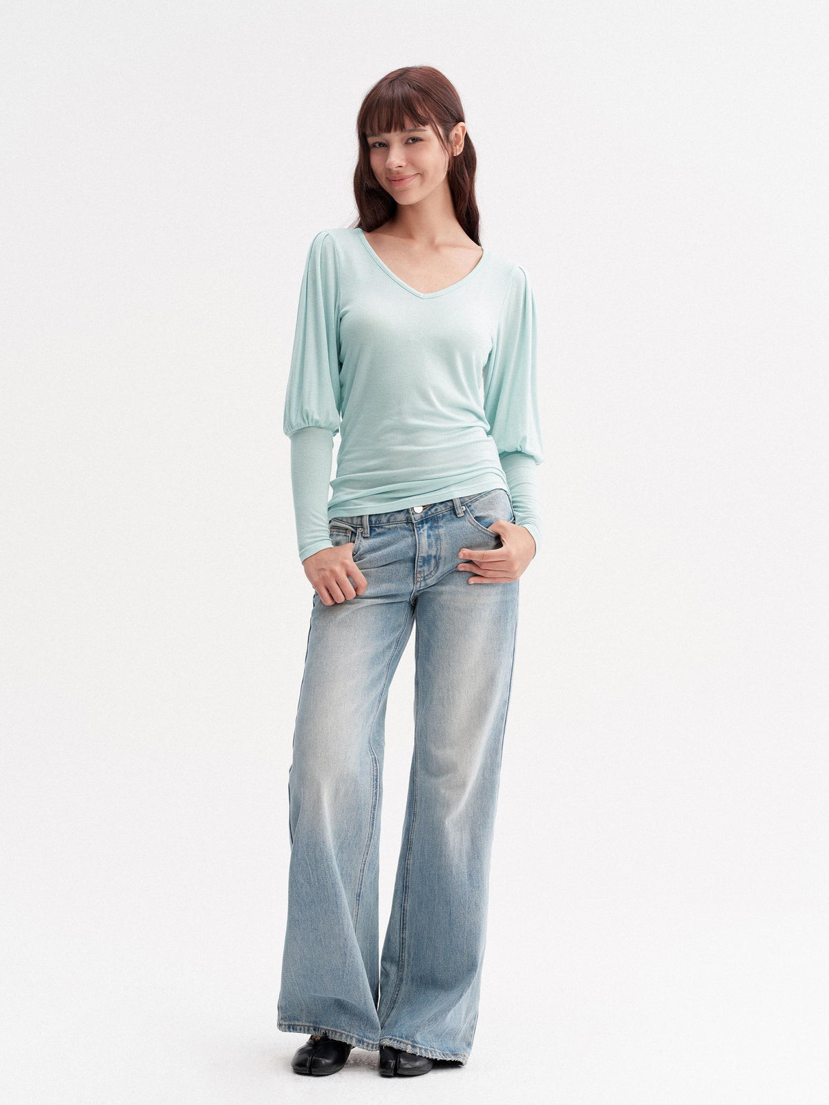 DKZ OFFICIAL Light Blue Washed Micro Flare Button Fly Women&