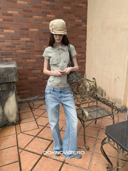 DKZ OFFICIAL Light Blue Washed Micro Flare Button Fly Women&