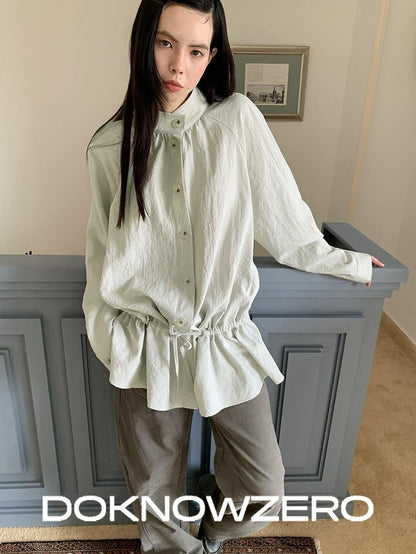 DKZ OFFICIAL Light Gray Ruched Texture Stand Collar Drawstring Ruffle Hem Women&