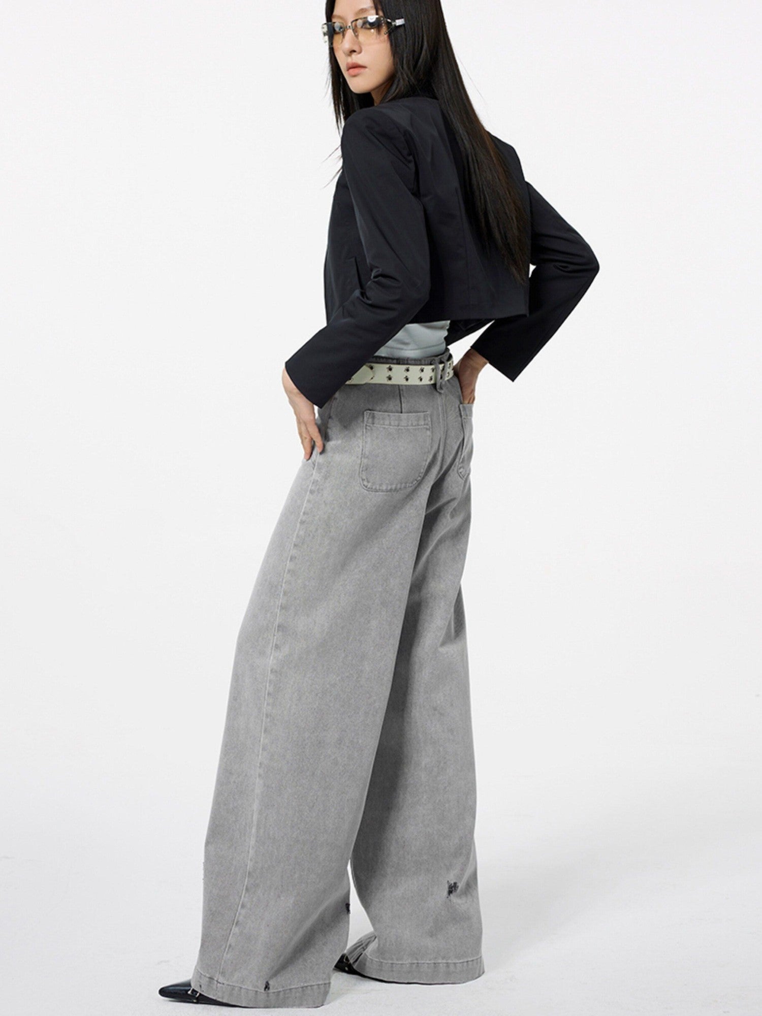 DKZ OFFICIAL Light Gray Vintage Distressed High Waist Women&