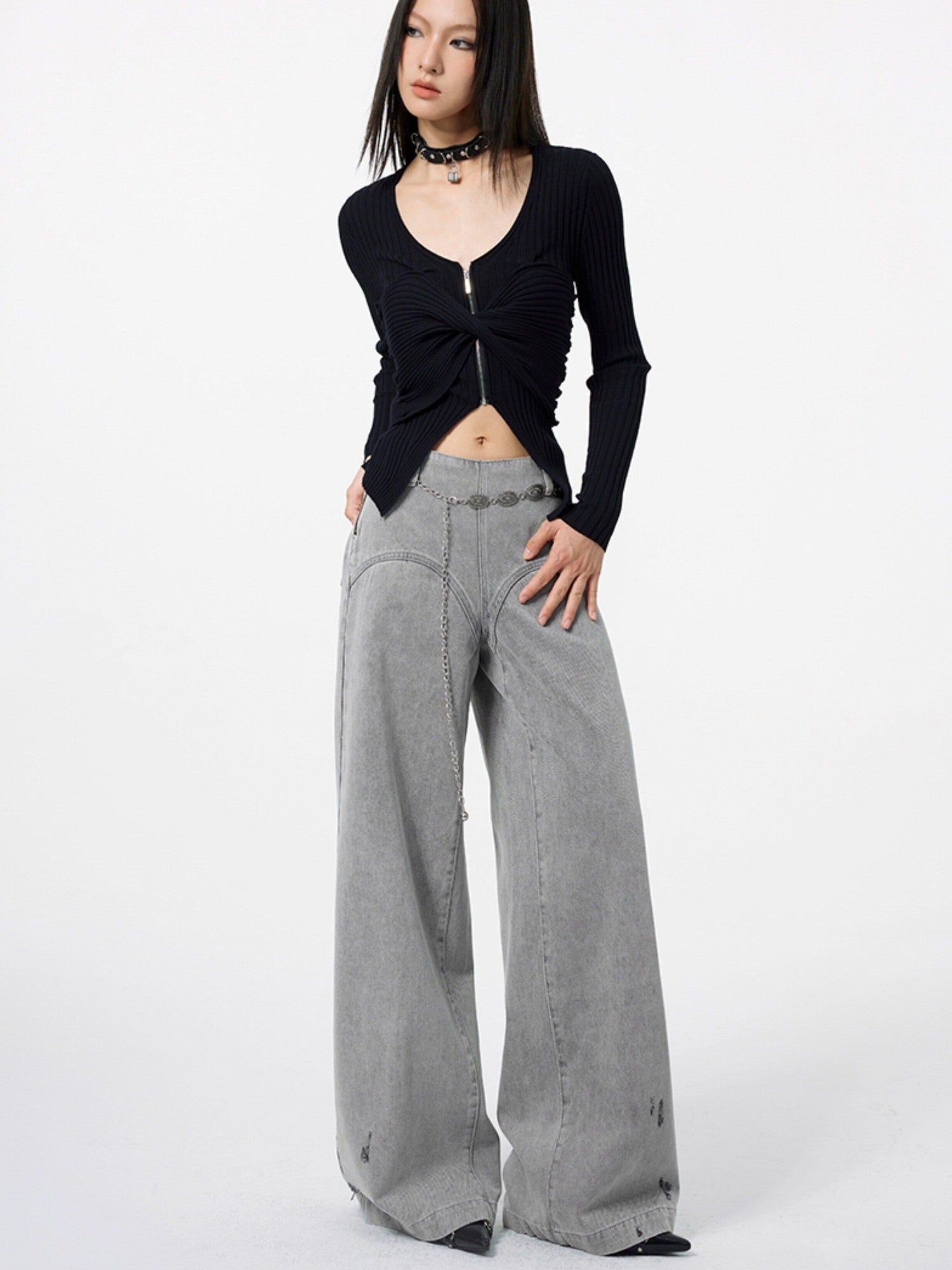 DKZ OFFICIAL Light Gray Vintage Distressed High Waist Women&