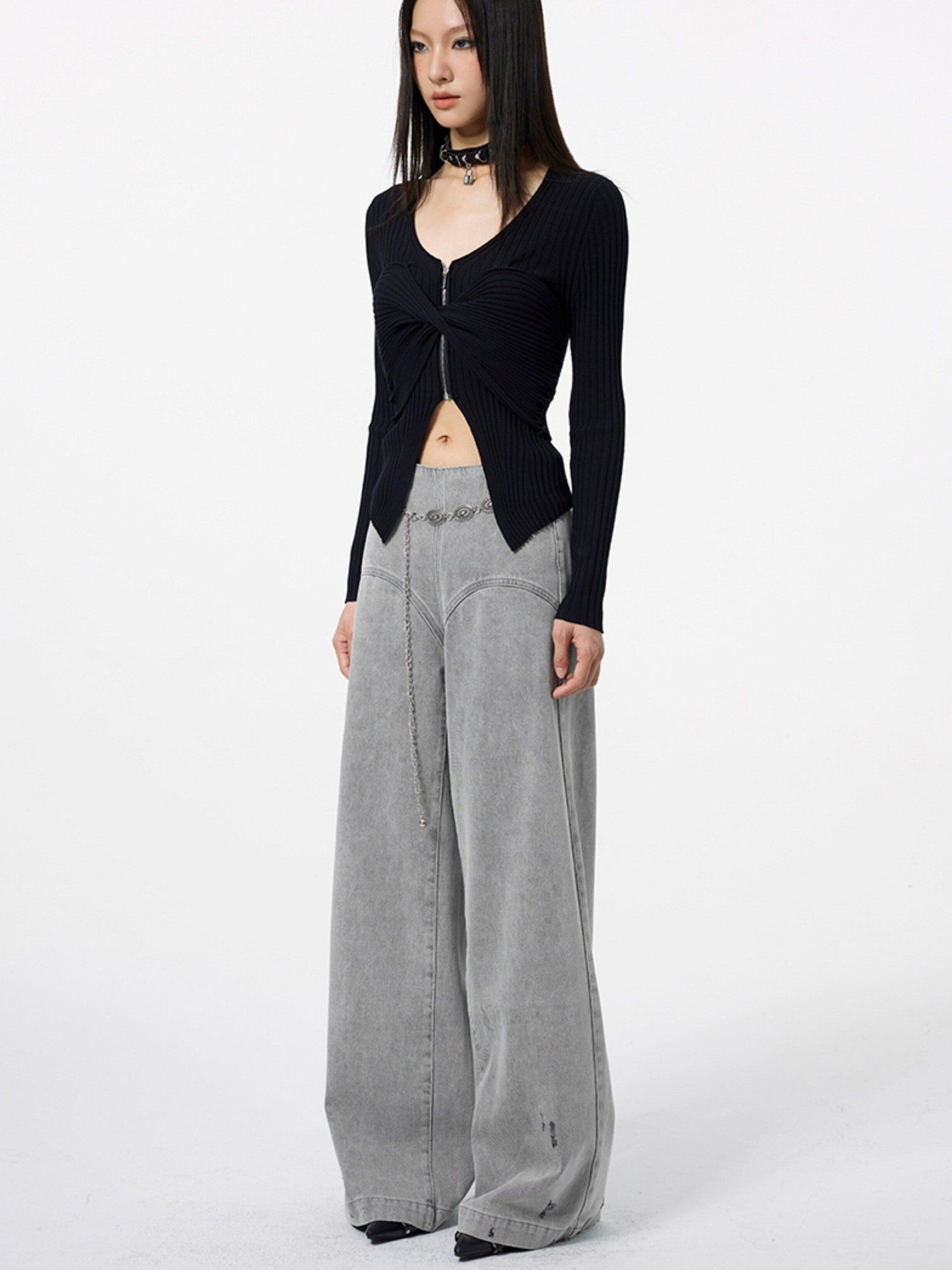 DKZ OFFICIAL Light Gray Vintage Distressed High Waist Women&