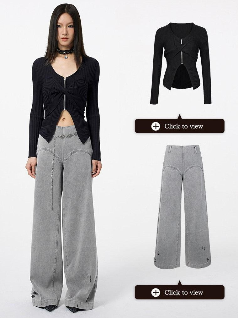 DKZ OFFICIAL Light Gray Vintage Distressed High Waist Women&