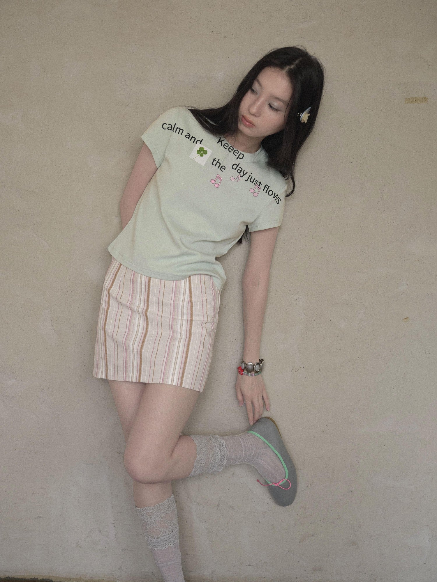 DKZ OFFICIAL Light Mint Letter Print Slim Fit Women&