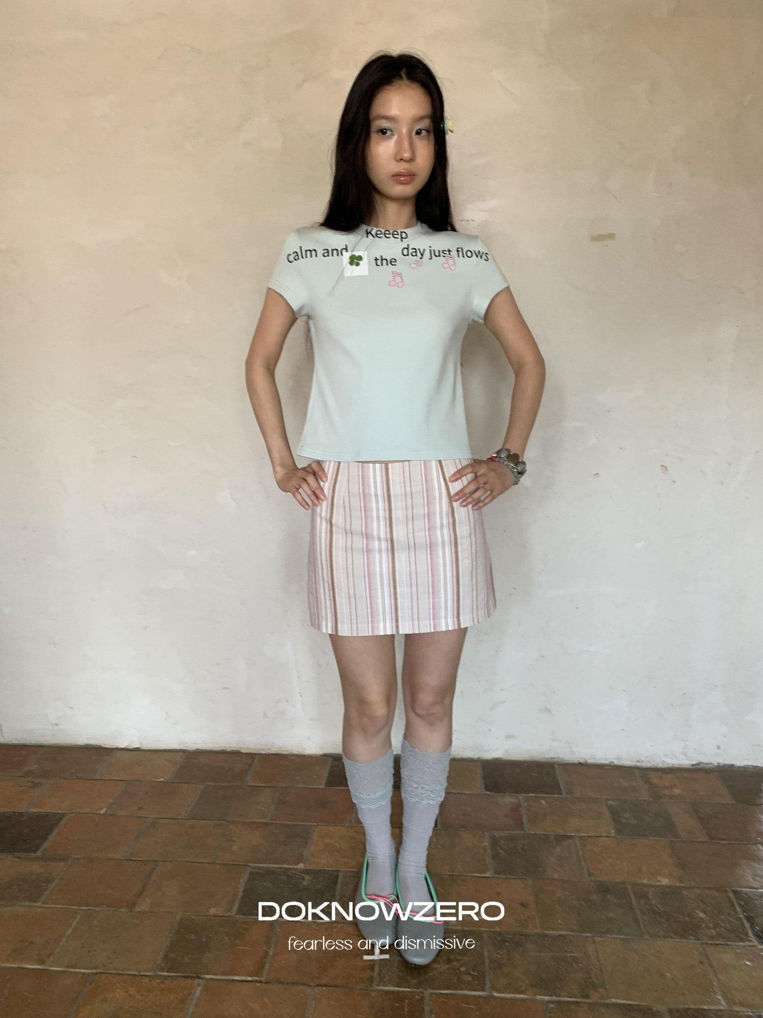 DKZ OFFICIAL Light Mint Letter Print Slim Fit Women&