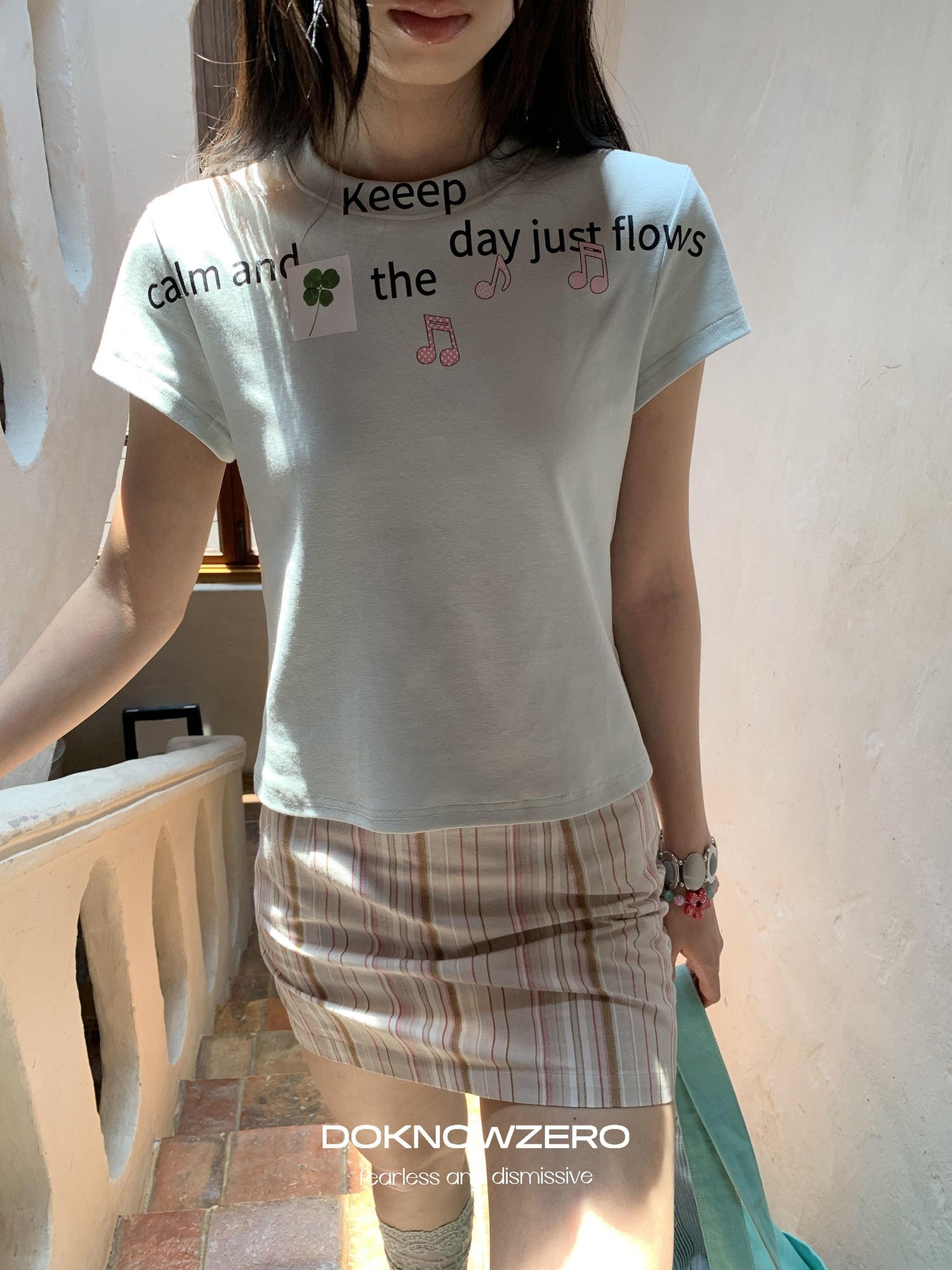 DKZ OFFICIAL Light Mint Letter Print Slim Fit Women&