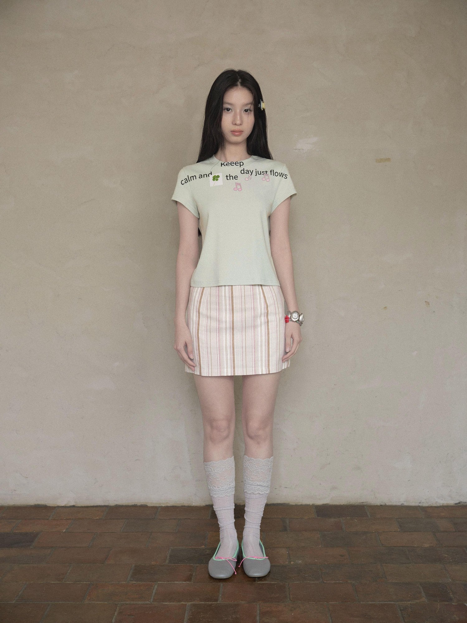 DKZ OFFICIAL Light Mint Letter Print Slim Fit Women&