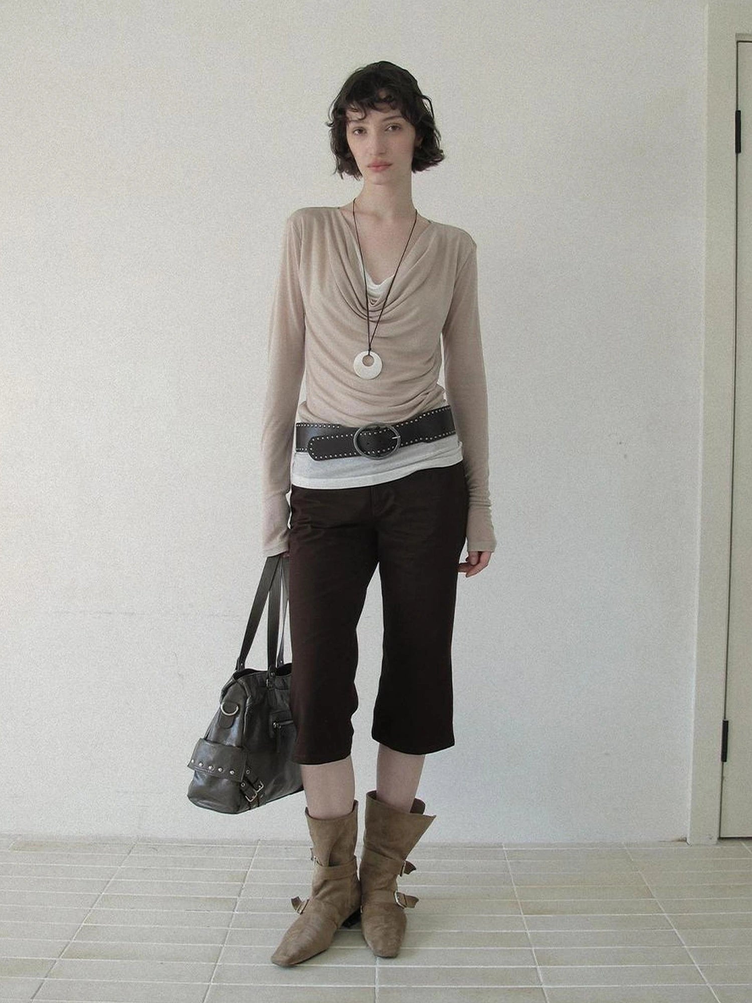 DKZ OFFICIAL Lightweight Rayon Draped Back Tie Up Long Sleeve Top