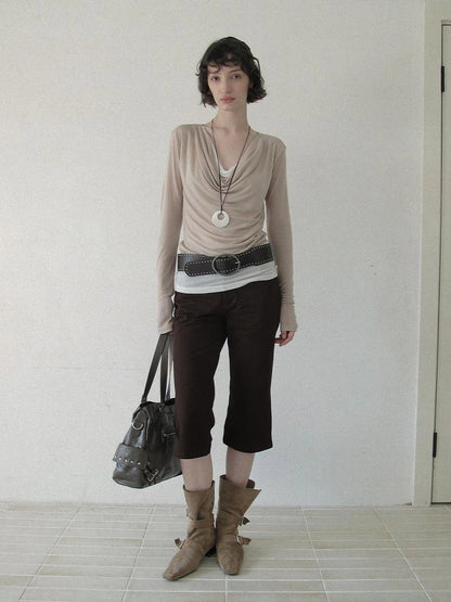 DKZ OFFICIAL Lightweight Rayon Draped Back Tie Up Long Sleeve Top
