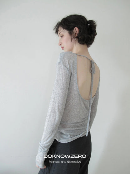 DKZ OFFICIAL Lightweight Rayon Draped Back Tie Up Long Sleeve Top