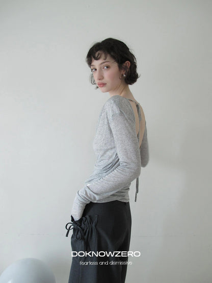 DKZ OFFICIAL Lightweight Rayon Draped Back Tie Up Long Sleeve Top