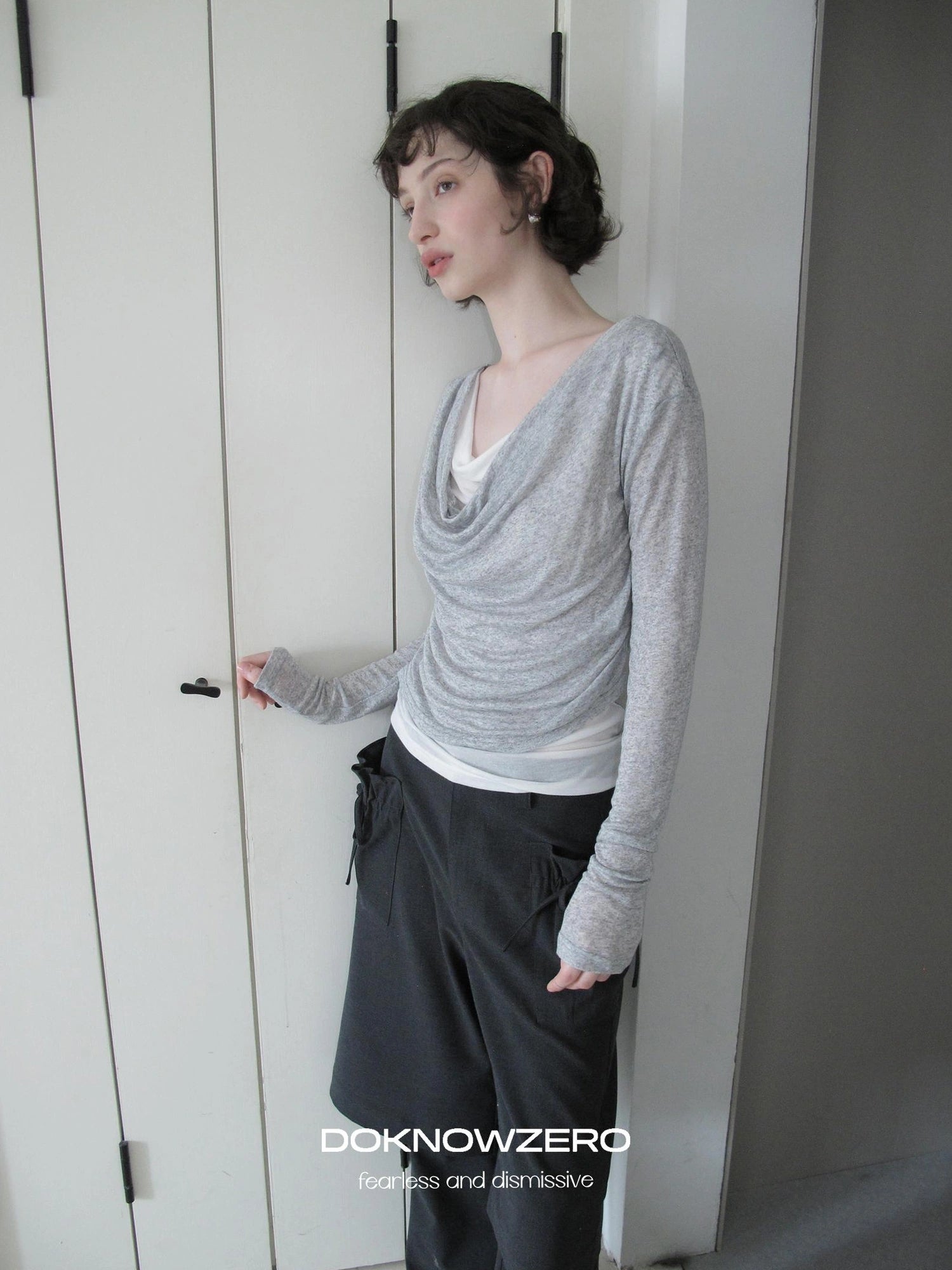 DKZ OFFICIAL Lightweight Rayon Draped Back Tie Up Long Sleeve Top