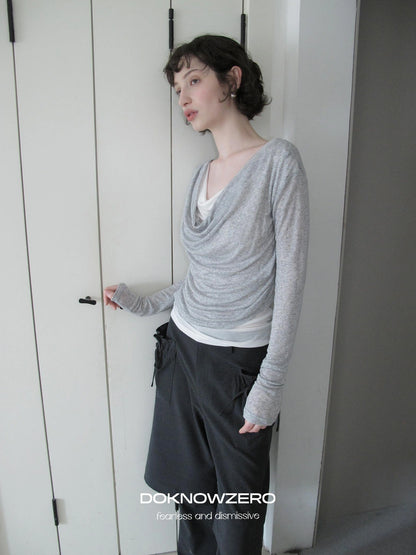 DKZ OFFICIAL Lightweight Rayon Draped Back Tie Up Long Sleeve Top